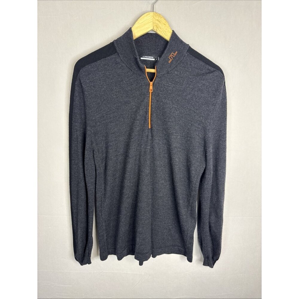 J.Lindeberg 100%‎ Merino Wool Quarter Zip Golf Sweater XL Charcoal Gray Black